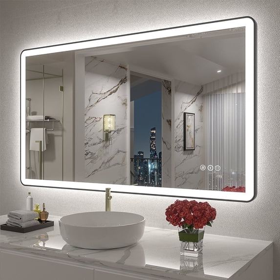 GODCHAR 40x24 inch Black Framed Bathroom Mirror with Front&Backlit, AntiFog Wall Mirror with 3 Color Dimmable, Memory and Tempered Glass