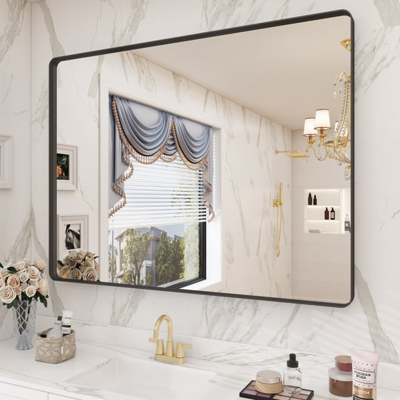 GODCHAR 40"x30" Multiple Sizes Metal Framed Bathroom Mirror Tempered Glass Anti-Rust Black