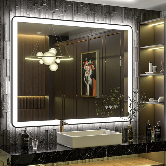 GODCHAR 40x30 inch Black Framed Bathroom Mirror with Front&Backlit, AntiFog Wall Mirror with 3 Color Dimmable, Memory and Tempered Glass