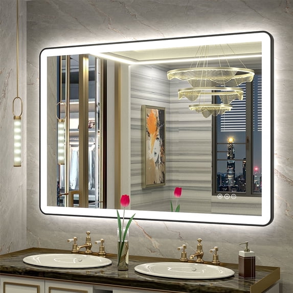 GODCHAR 40x32 inch Black Framed Bathroom Mirror with Front&Backlit, AntiFog Wall Mirror with 3 Color Dimmable, Memory and Tempered Glass