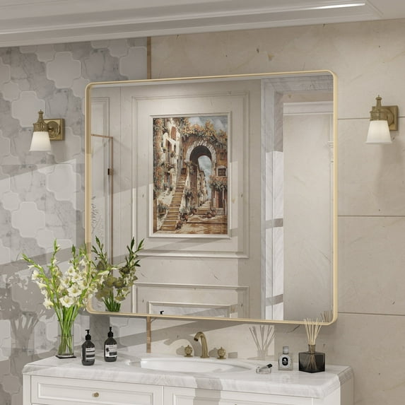 Apmir 40x36 inch Bathroom Vanity Mirror with Aluminum Alloy Framed, Tempered Glass, Wall Mounted