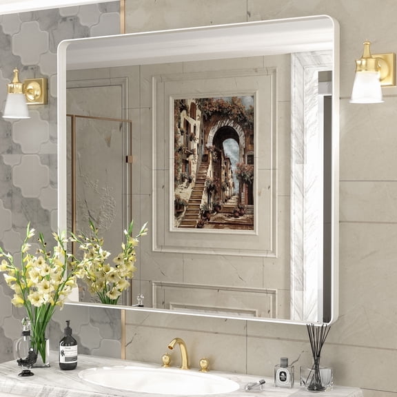 GODCHAR 40x36 inch Shatterproof Bathroom Mirror, Metal Framed Wall Vanity Mirror