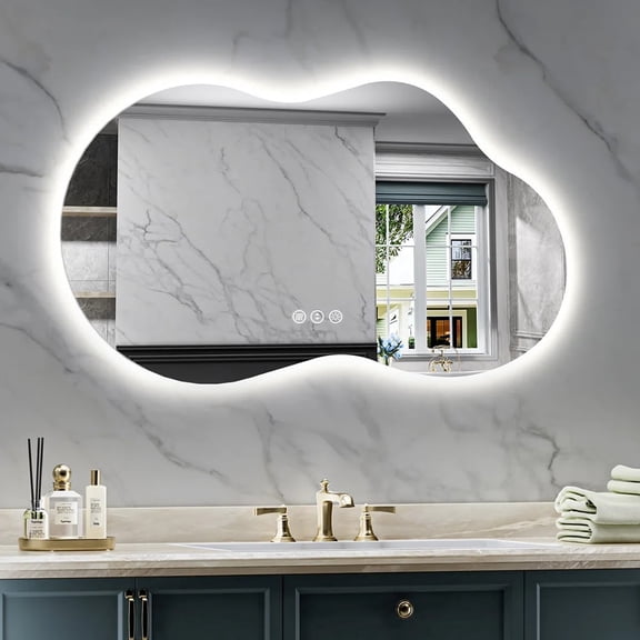 Irregular 48"x 27" Led Bathroom Mirror with Lights, Backlit Cloud-Shape Vanity Mirror for Wall, Dimmable 3 Colors Asymmetrical Mirror, Memory Function
