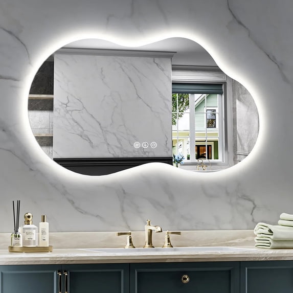Irregular 48"x 27" Led Bathroom Mirror with Lights, Backlit Cloud-Shape Vanity Mirror for Wall, Dimmable 3 Colors Asymmetrical Mirror, Memory Function