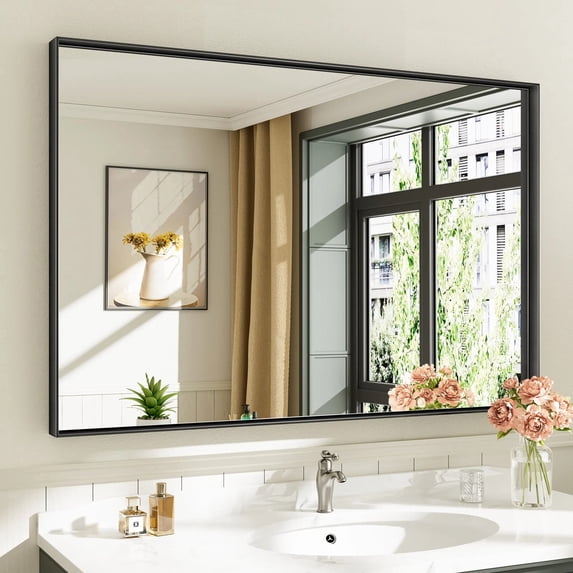 GODCHAR 48"x 32" Bathroom Vanity Mirror Rectangular Metal Frame French Cleat Mounted Wall Mirror Tempered Glass