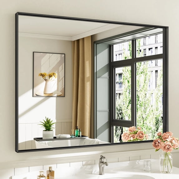 GODCHAR 48"x 36" Bathroom Vanity Mirror Rectangular Metal Frame French Cleat Mounted Wall Mirror Tempered Glass