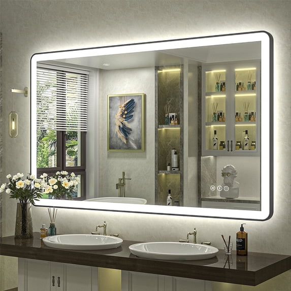 GODCHAR 48x30 inch Black Framed Bathroom Mirror with Front&Backlit, AntiFog Wall Mirror with 3 Color Dimmable, Memory and Tempered Glass