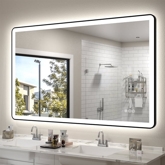 GODCHAR 48x32 inch Black Framed Bathroom Mirror with Front&Backlit, AntiFog Wall Mirror with 3 Color Dimmable, Memory and Tempered Glass