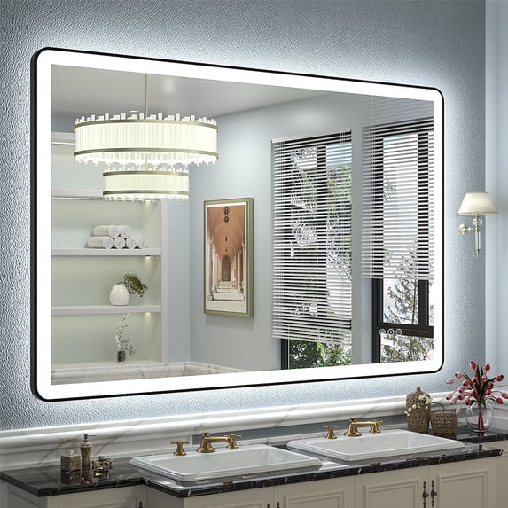 GODCHAR 48x36 inch Black Framed Bathroom Mirror with Front&Backlit, AntiFog Wall Mirror with 3 Color Dimmable, Memory and Tempered Glass