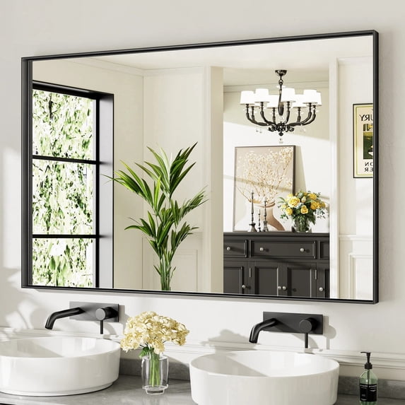 GODCHAR 55"x 36" Bathroom Vanity Mirror Rectangular Metal Frame French Cleat Mounted Wall Mirror Tempered Glass
