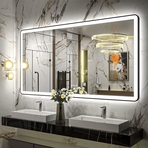 GODCHAR 55x30 inch Black Framed Bathroom Mirror with Front&Backlit, AntiFog Wall Mirror with 3 Color Dimmable, Memory and Tempered Glass
