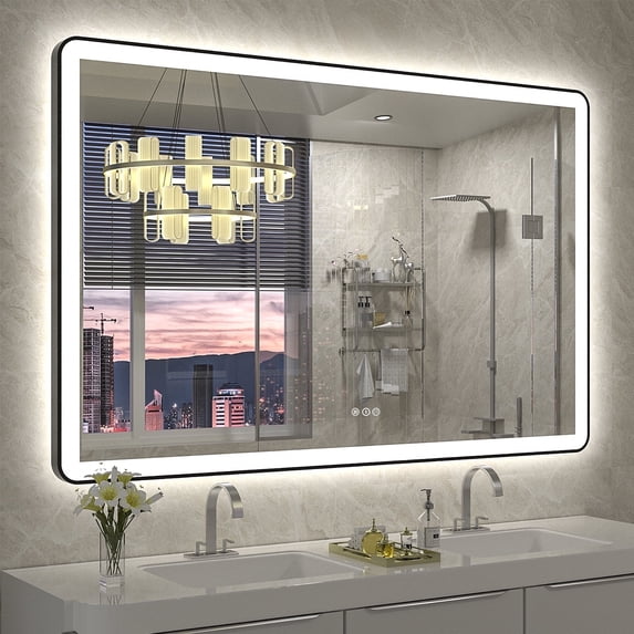 GODCHAR 55x36 inch Black Framed Bathroom Mirror with Front&Backlit, AntiFog Wall Mirror with 3 Color Dimmable, Memory and Tempered Glass