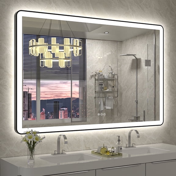 GODCHAR 55x36 inch Black Framed Bathroom Mirror with Front&Backlit, AntiFog Wall Mirror with 3 Color Dimmable, Memory and Tempered Glass