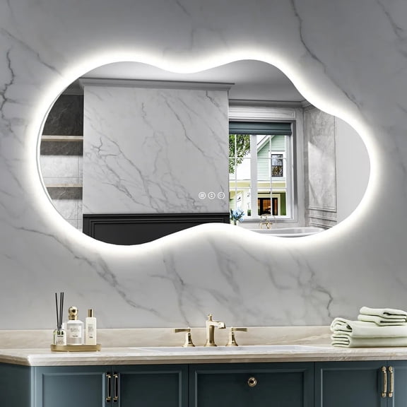 Irregular 60"x 32" Led Bathroom Mirror with Lights, Backlit Cloud-Shape Vanity Mirror for Wall, Dimmable 3 Colors Asymmetrical Mirror, Memory Function