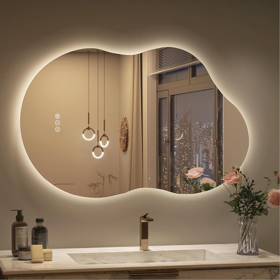 Irregular 60"x 32" Led Bathroom Mirror with Lights, Backlit Cloud-Shape Vanity Mirror for Wall, Dimmable 3 Colors Asymmetrical Mirror, Memory Function
