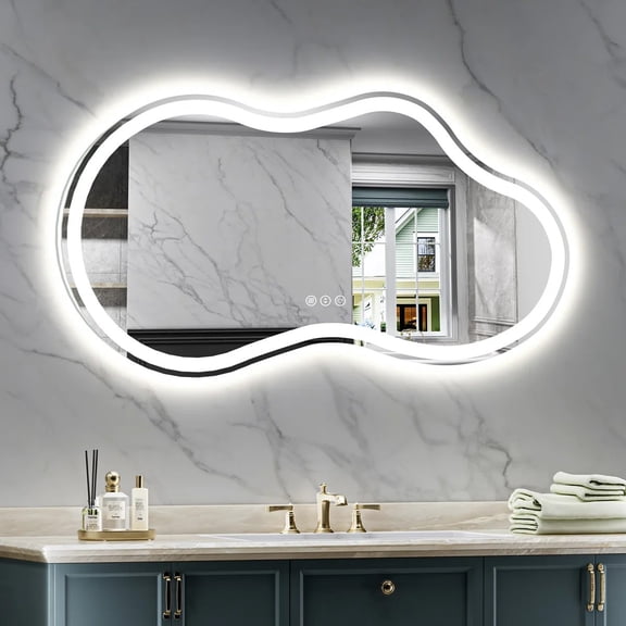 Frameless 60"x 32" Irregular LED Anti-Fog Tempered Glass Bathroom Vanity Mirror Asymmetrical Front and Backlit Wall Mirror