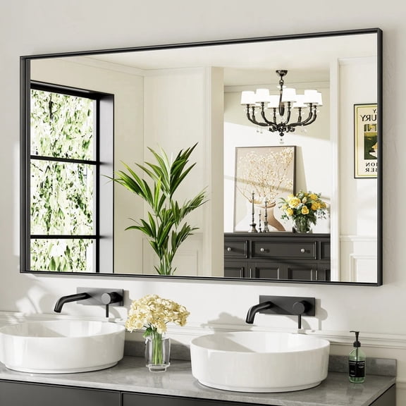 GODCHAR 60"x 36" Bathroom Vanity Mirror Rectangular Metal Frame French Cleat Mounted Wall Mirror Tempered Glass
