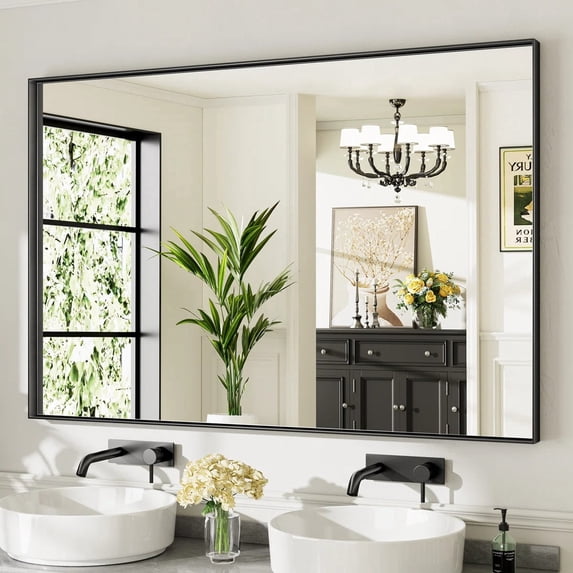 GODCHAR 60"x 40" Bathroom Vanity Mirror Rectangular Metal Frame French Cleat Mounted Wall Mirror Tempered Glass