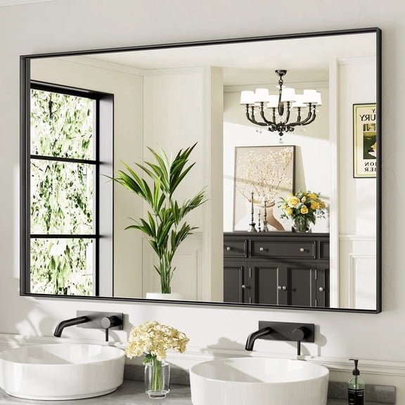 GODCHAR 60"x 40" Bathroom Vanity Mirror Rectangular Metal Frame French Cleat Mounted Wall Mirror Tempered Glass