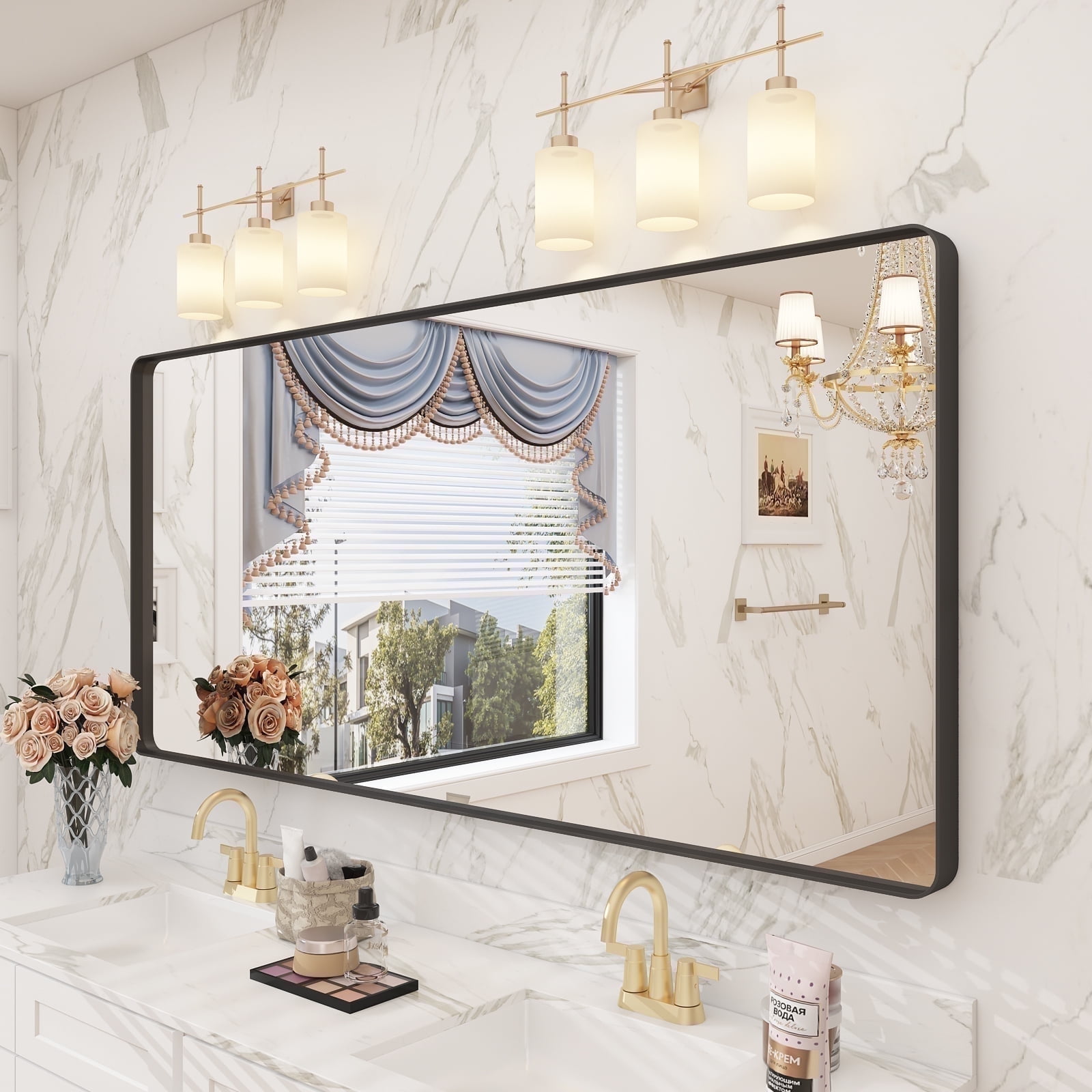 60x28 Matte Black Aluminum Framed Rectangular Vanity Mirror