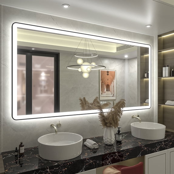 GODCHAR 60x36 inch Black Framed Bathroom Mirror with Front&Backlit, AntiFog Wall Mirror with 3 Color Dimmable, Memory and Tempered Glass