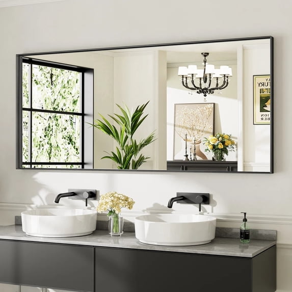 GODCHAR 72"x 32" Bathroom Vanity Mirror Rectangular Metal Frame French Cleat Mounted Wall Mirror Tempered Glass