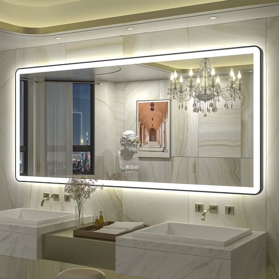 GODCHAR 72x32 inch Black Framed Bathroom Mirror with Front&Backlit, AntiFog Wall Mirror with 3 Color Dimmable, Memory and Tempered Glass