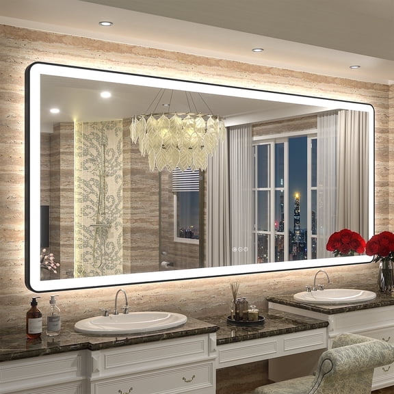 GODCHAR 77x36 inch Black Framed Bathroom Mirror with Front&Backlit, AntiFog Wall Mirror with 3 Color Dimmable, Memory and Tempered Glass