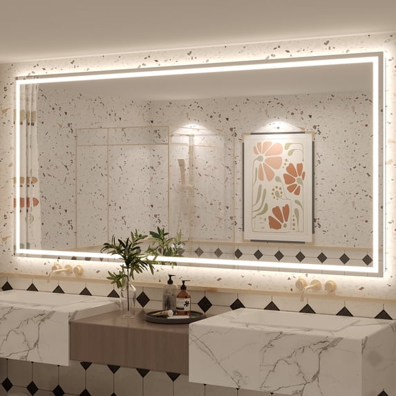 Apmir 84"x40" UL Listed LED Bathroom Mirror, Front and Backlit, Anti-Fog, 3 Color Temperature, Dimmable