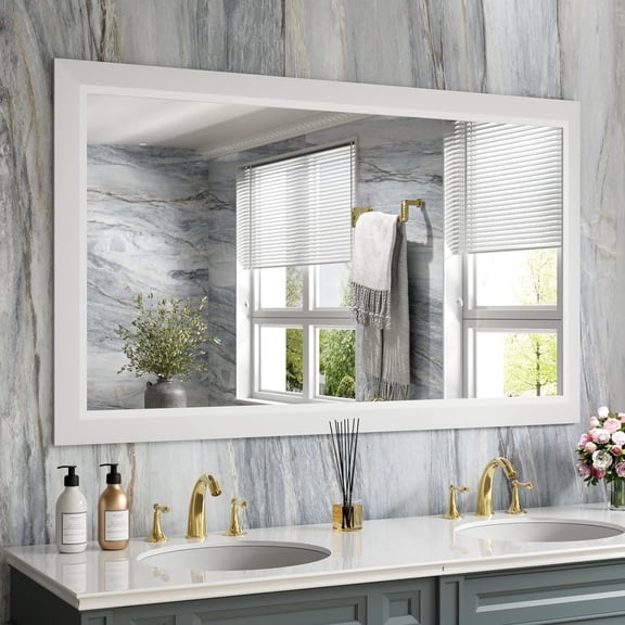 GODCHAR Framed Tempered Glass Bathroom Vanity Rectangular Mirror 60"x36", White