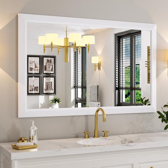 GODCHAR Framed Tempered Glass Bathroom Vanity Rectangular Mirror 60"x30", White