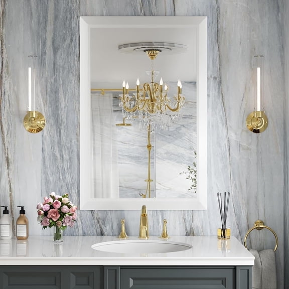 GODCHAR Framed Tempered Glass Bathroom Vanity Rectangular Mirror 36"x24", White