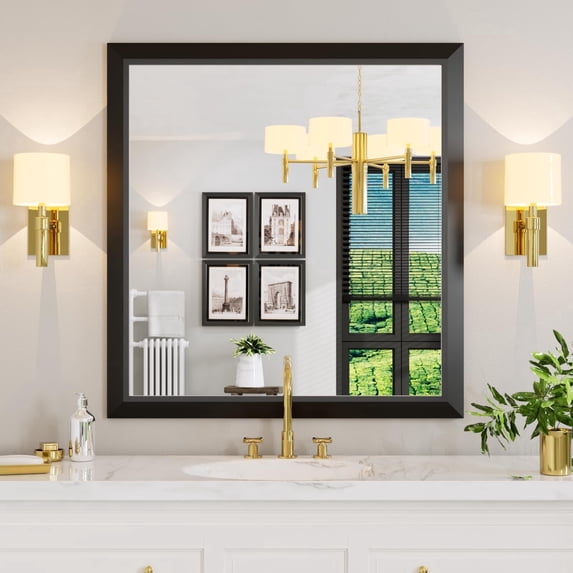 GODCHAR Framed Tempered Glass Bathroom Vanity Rectangular Mirror 40"x38", Black
