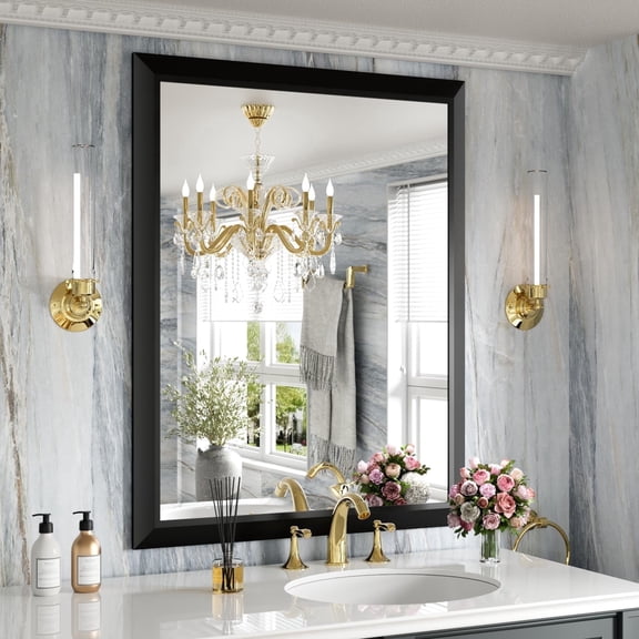 GODCHAR Framed Tempered Glass Bathroom Vanity Rectangular Mirror 36"x28", Black