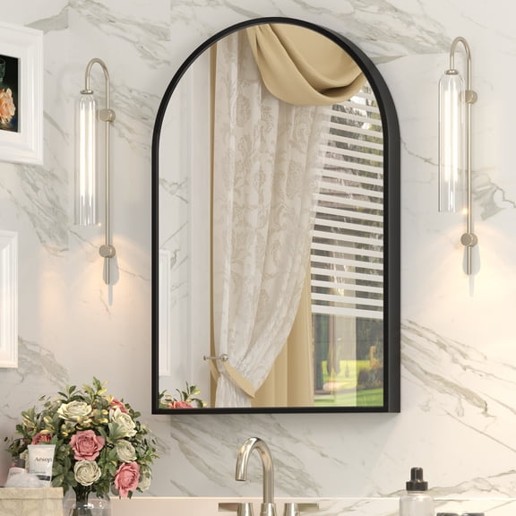 GODCHAR Arched Black Aluminum Alloy Framed French Cleat Mounted Wall Decor Bathroom Vanity Mirror with 5-Year Warranty
