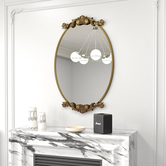GODCHAR Wall Mirror Oval Vintage Carved Antique Metal Frame for Bathroom