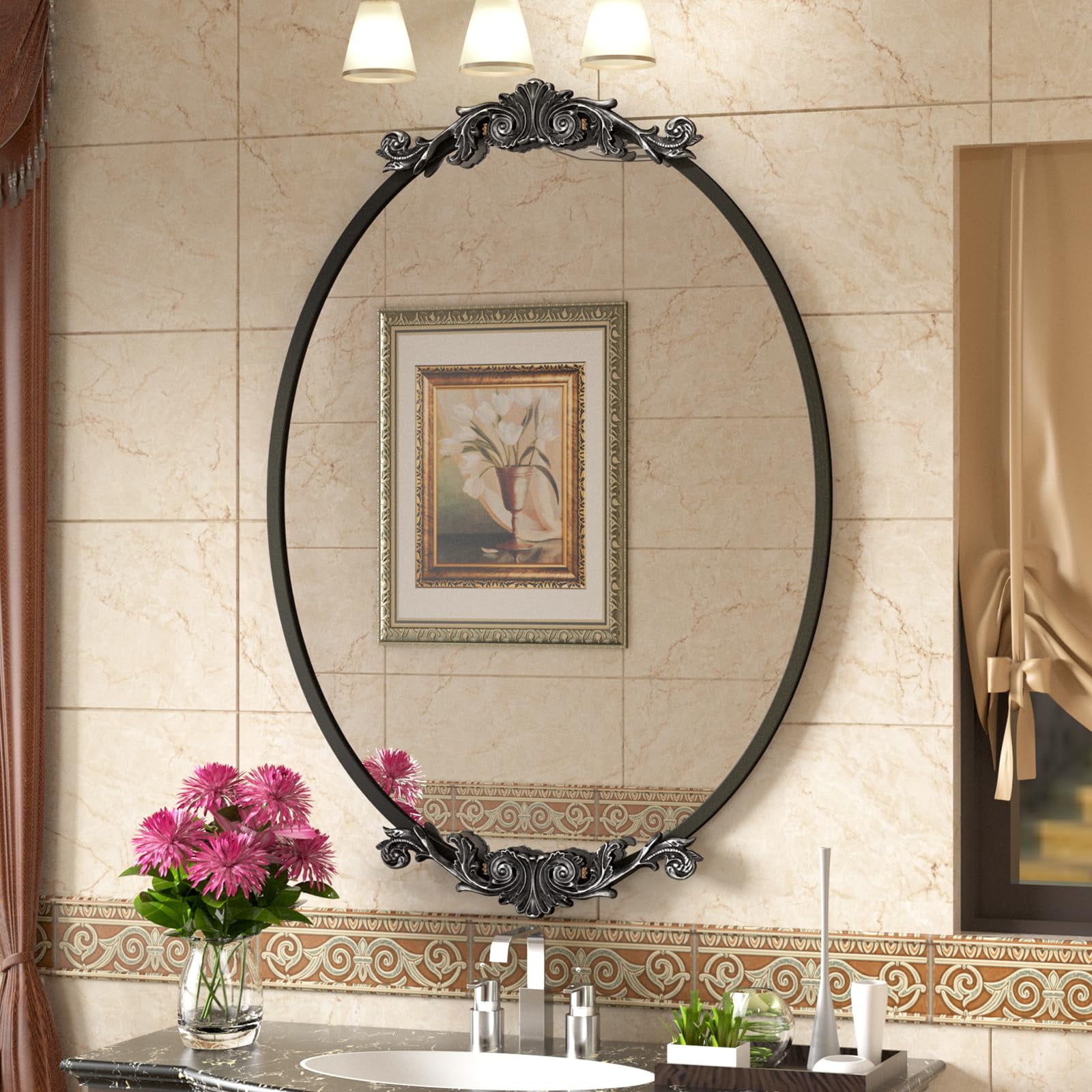 Apmir Arched Wall Mirror Oval Vintage Carved Antique Metal Frame for ...