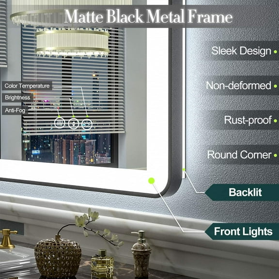 Apmir  Black Framed Front & Back LED Lighted Anti-Fog Bathroom Vanity Mirror in Tempered Glass 40" x 32"
