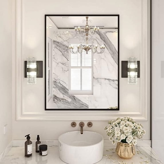 GODCHAR Black Rectangle Bathroom Mirrors Wall Modern Matte Black Aluminum Alloy Frame