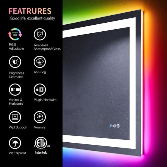 Apmir Frameless Anti-Fog Bathroom Vanity Mirror in Dimmable LED Frontlit and RGB Backlit 28" x 20"