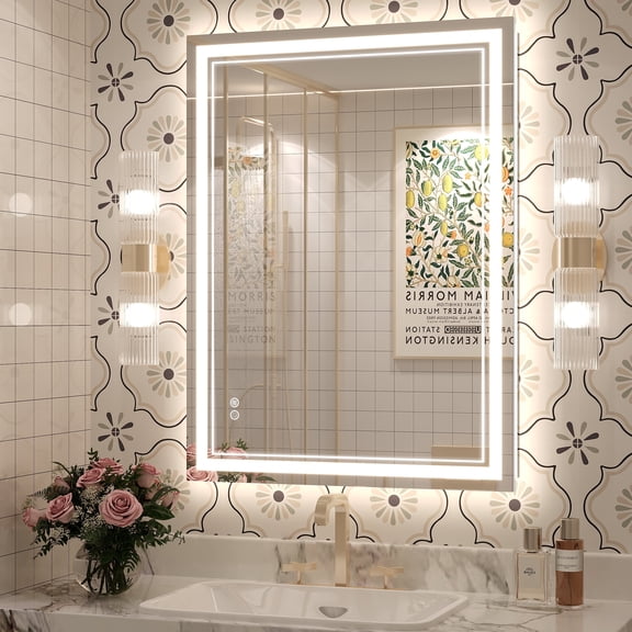 GODCHAR 32x24 LED Bathroom Mirror, 24V Dual Light Shatterproof Mirror with Anti-Fog, UL Listed, 3 Colors