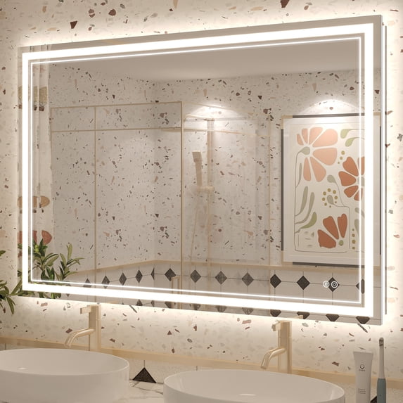 GODCHAR 48x32 LED Bathroom Mirror, 24V Dual Light Shatterproof Mirror with Anti-Fog, UL Listed, 3 Colors