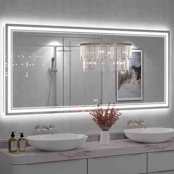 GODCHAR 72x32 LED Bathroom Mirror, 24V Dual Light Shatterproof Mirror with Anti-Fog, UL Listed, 3 Colors