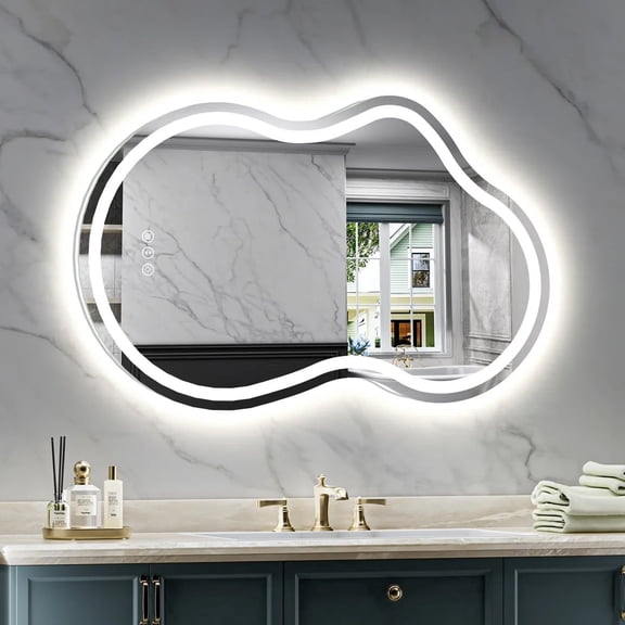Frameless 32"x 20" Irregular LED Anti-Fog Tempered Glass Bathroom Vanity Mirror Asymmetrical Front and Backlit Wall Mirror