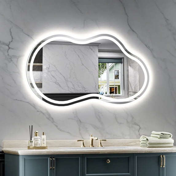 Frameless 36"x 20" Irregular LED Anti-Fog Tempered Glass Bathroom Vanity Mirror Asymmetrical Front and Backlit Wall Mirror