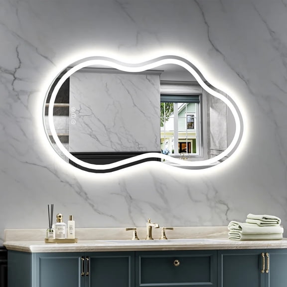 Frameless 36"x 20" Irregular LED Anti-Fog Tempered Glass Bathroom Vanity Mirror Asymmetrical Front and Backlit Wall Mirror