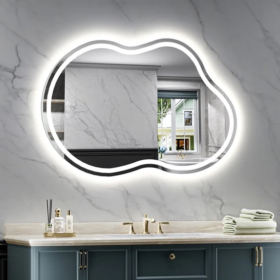 Frameless 36"x 24" Irregular LED Anti-Fog Tempered Glass Bathroom Vanity Mirror Asymmetrical Front and Backlit Wall Mirror