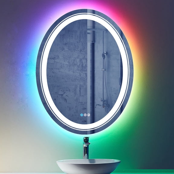GODCHAR Frameless Oval Wall Bathroom/Vanity Mirror in Tempered Glass Dimmable RGB Backlit and LED Frontlit Anti-Fog