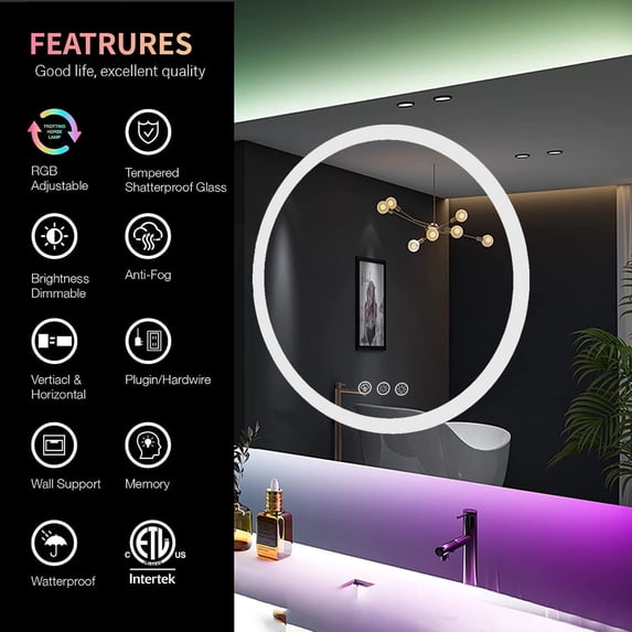 Apmir Frameless RGB Backlit and LED Frontlit Anti-Fog Tempered Glass Wall Bathroom Vanity Mirror 36" x 24"