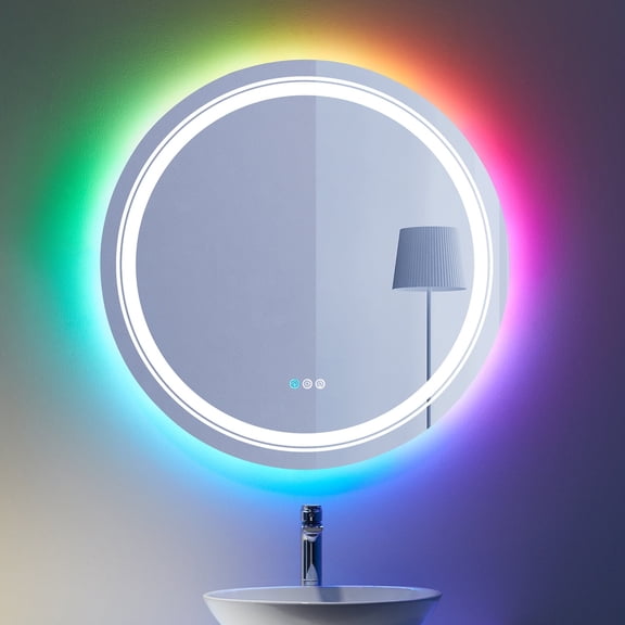GODCHAR Frameless Round Wall Bathroom/Vanity Mirror in Tempered Glass Dimmable RGB Backlit and LED Frontlit Anti-Fog